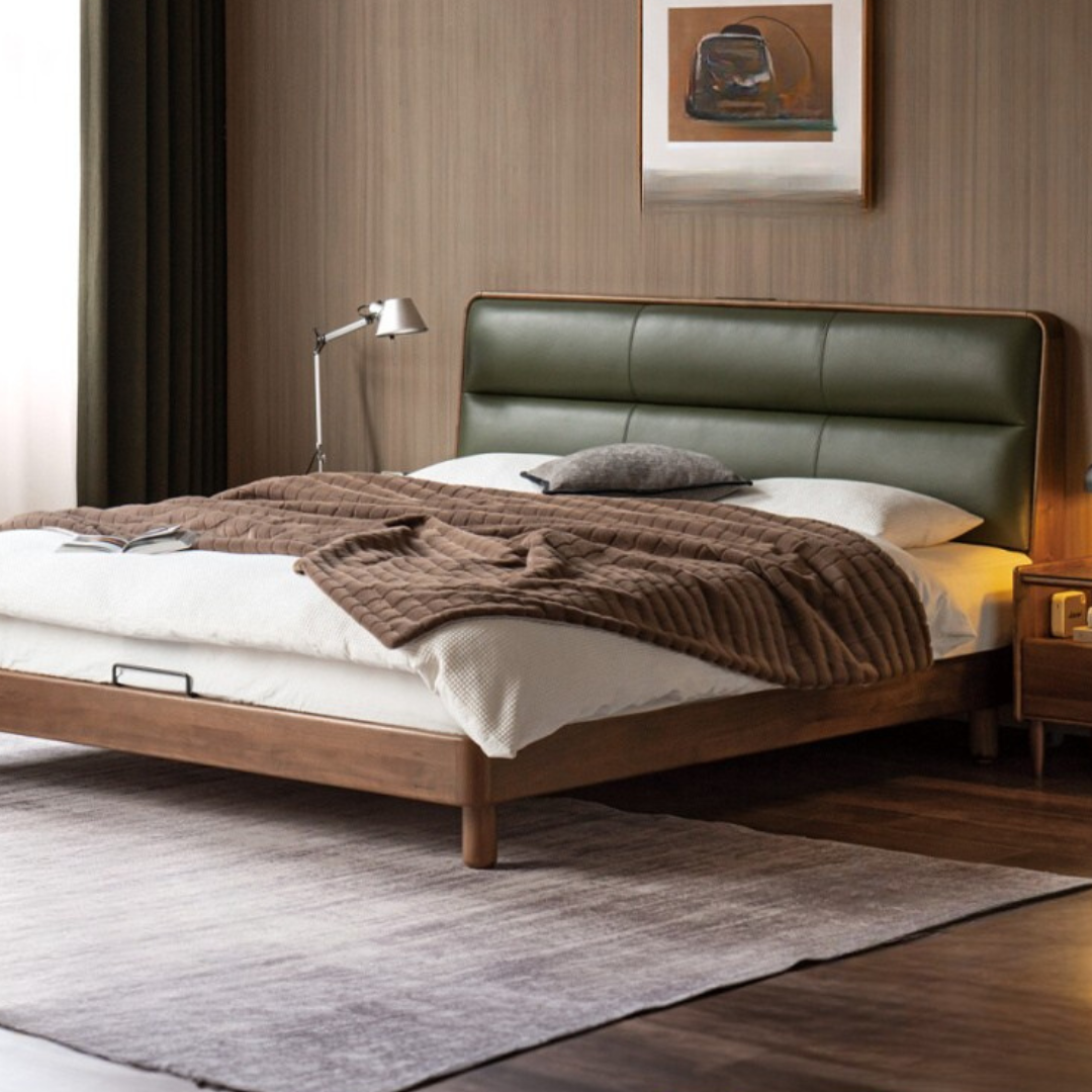 Black Walnut, Teak Solid Wood Luxury Genuine Leather Bed