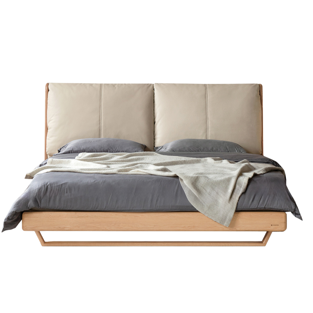 Oak, Ash Solid Wood Leather Soft Suspended Bed Italian Light Luxury