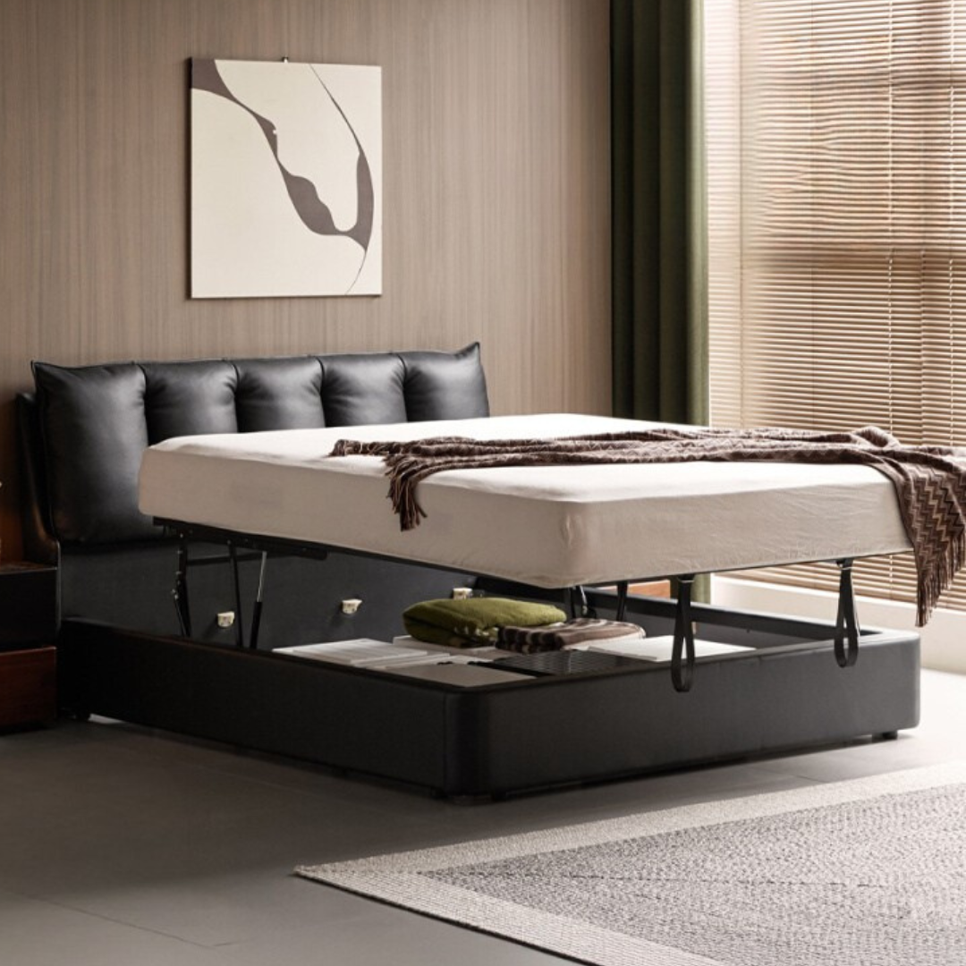 Genuine Leather Black Light Luxury Box Bed