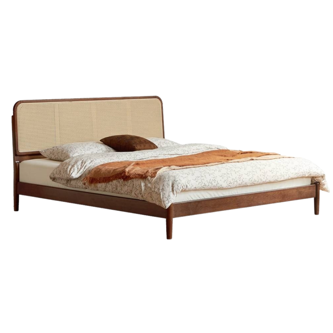 Oak Solid Wood Rattan Bed