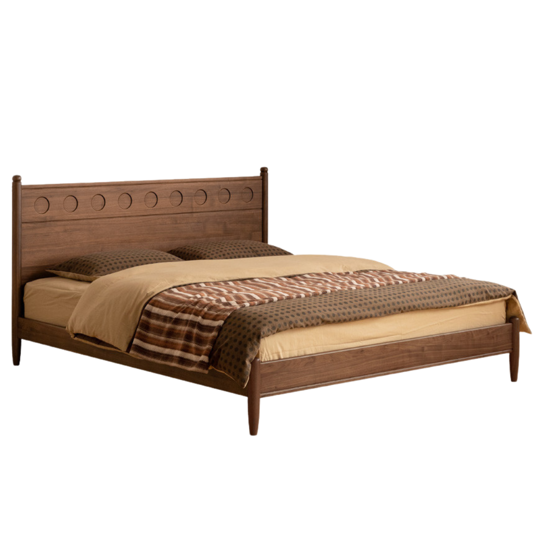 Black Walnut Solid Wood Bed with Carved Polka Dot Headboard