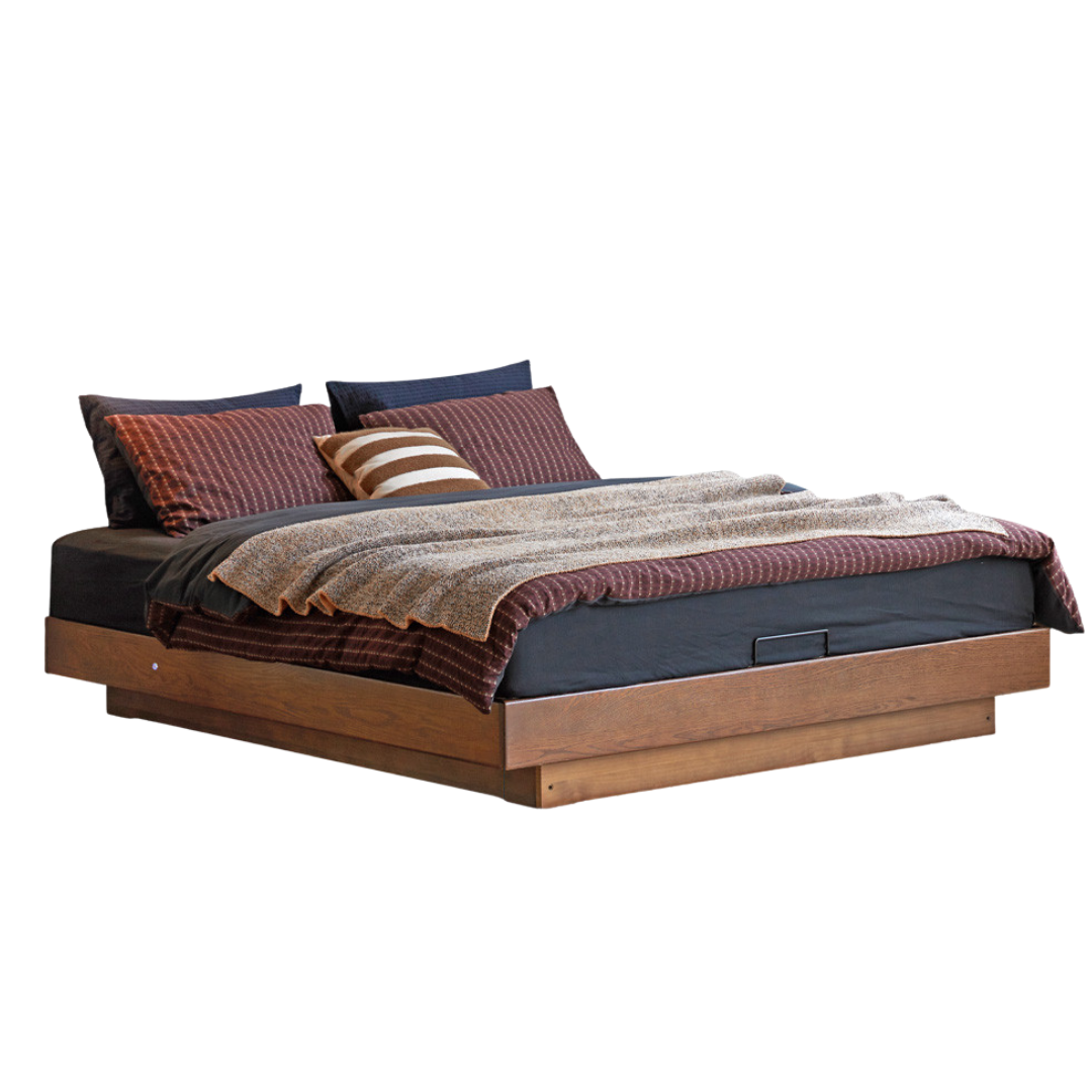 Oak Solid Wood Floating Platform Box Bed, Headboard-Free Bed with Light Modern Minimalist