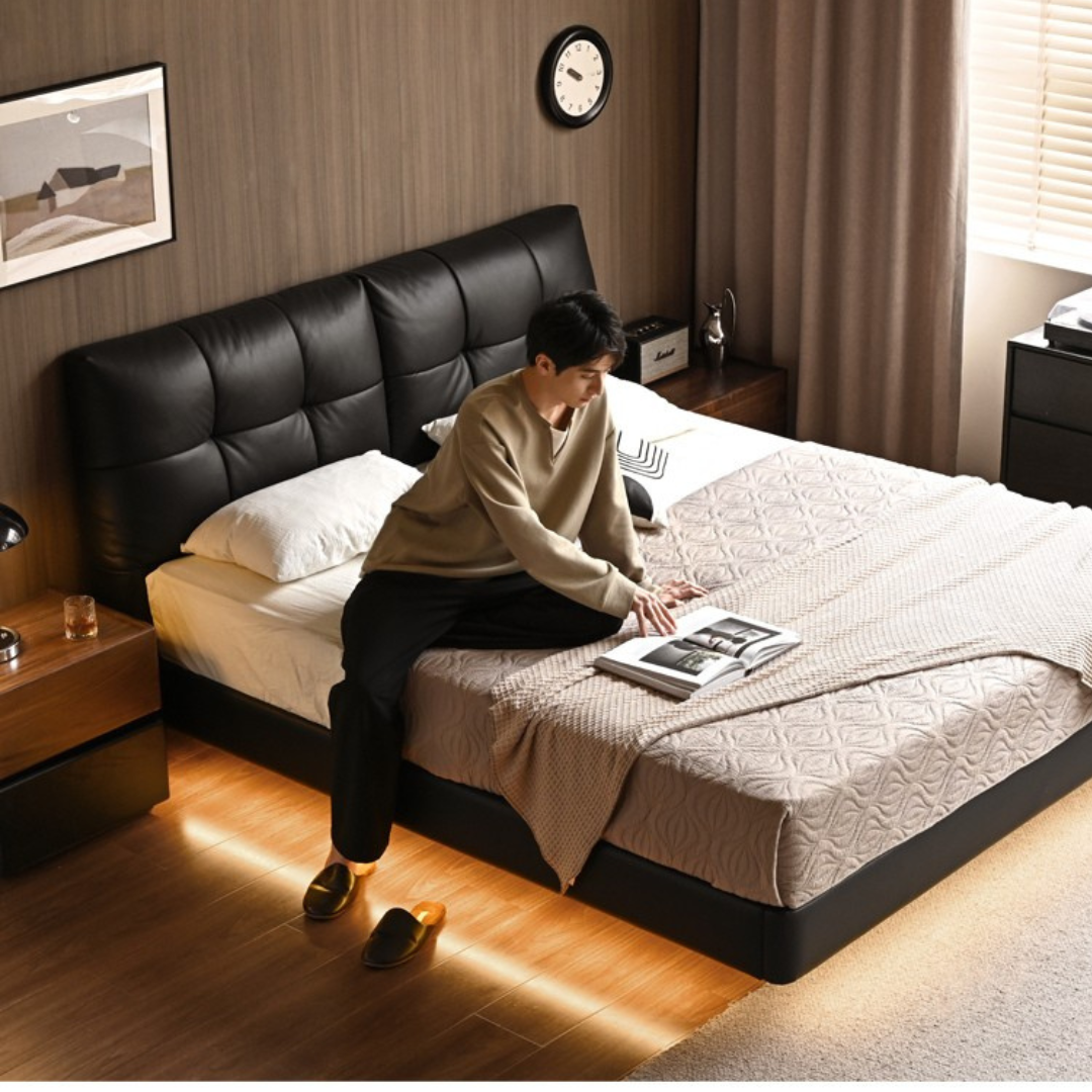 Genuine Leather Top Layer Cowhide Soft Suspension Bed with Lighting