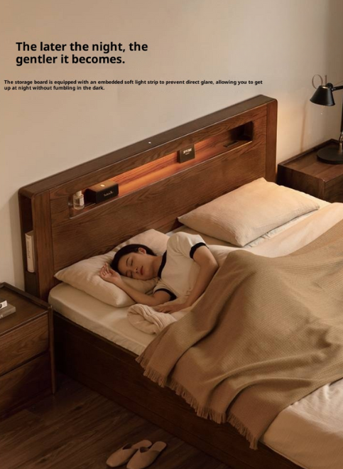 Oak Solid Wood Modern Minimalist Multifunctional with Light Box Bed