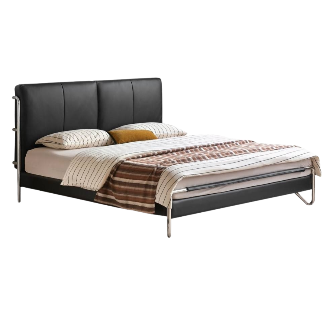 Genuine Leather Italian Style Light Luxury Black Bed