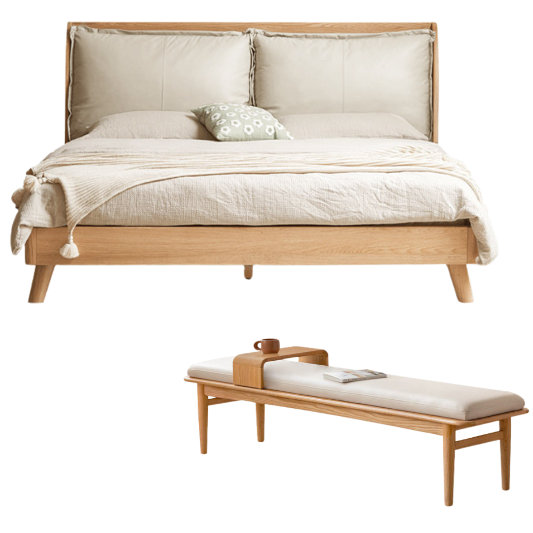 Oak Solid Wood Top Grain Leather, Technical Cloth ,Fabric Bed