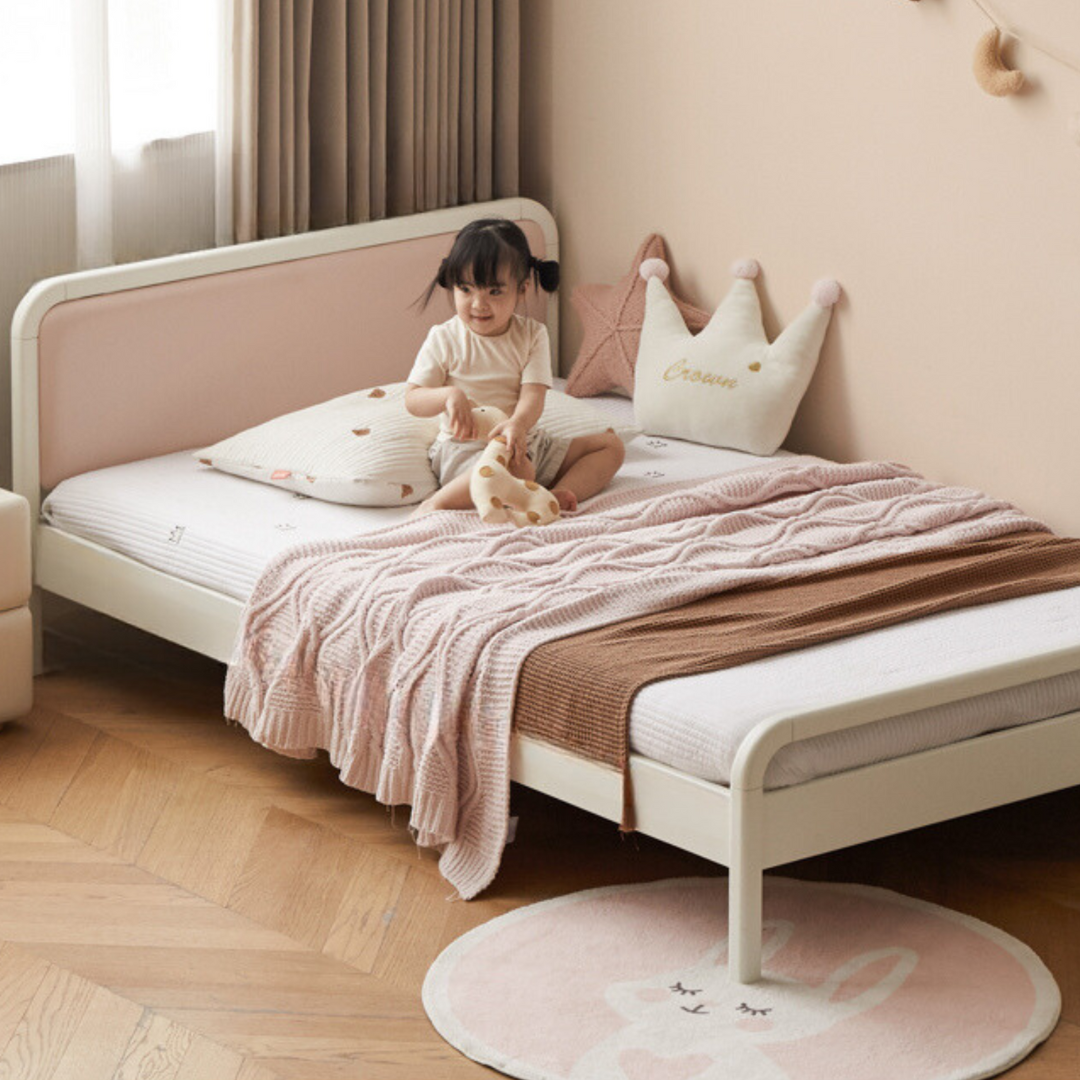 Rubber Wood White Cream Style Children's Soft Bed.