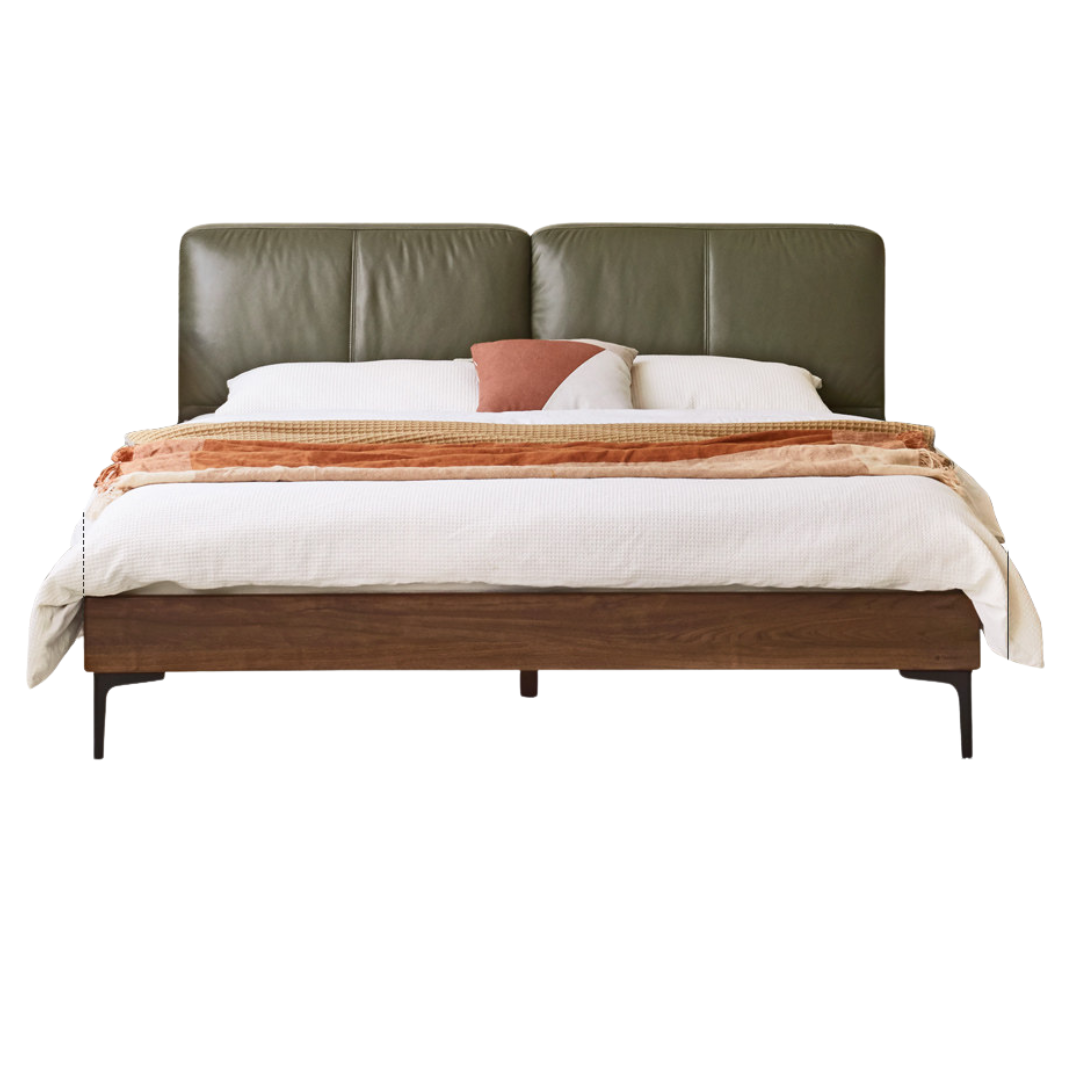 Oak,Black Walnut  Solid Wood Soft Genuine Leather Bed Light Luxury