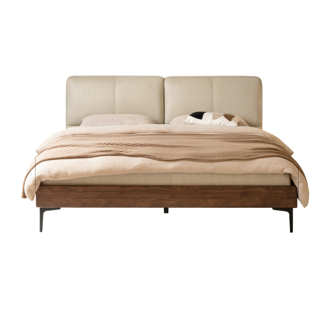 Oak,Black Walnut  Solid Wood Soft Genuine Leather Bed Light Luxury