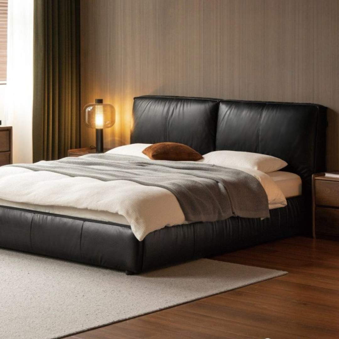 Genuine Leather Upholstered Bed — Black Large Bed, Italian Light Luxury Design