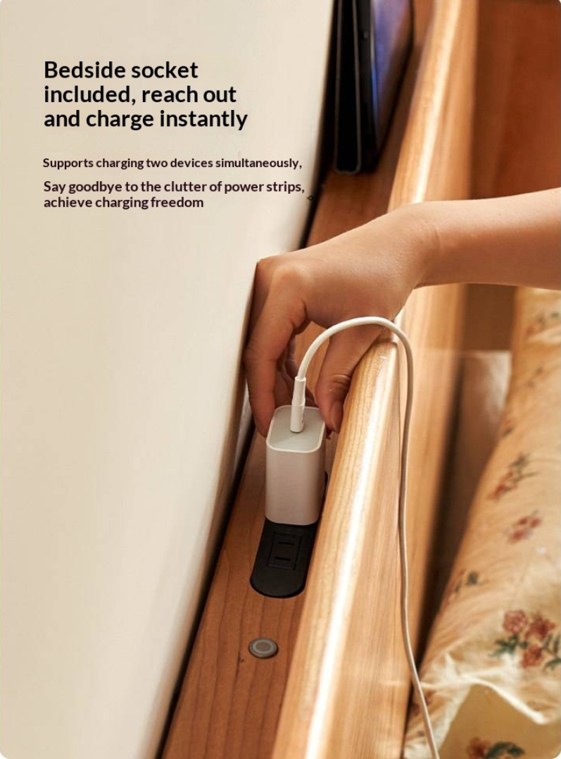 Cherry Solid Wood Bed — Retro Simple Luminous Bed with Charging and Storage