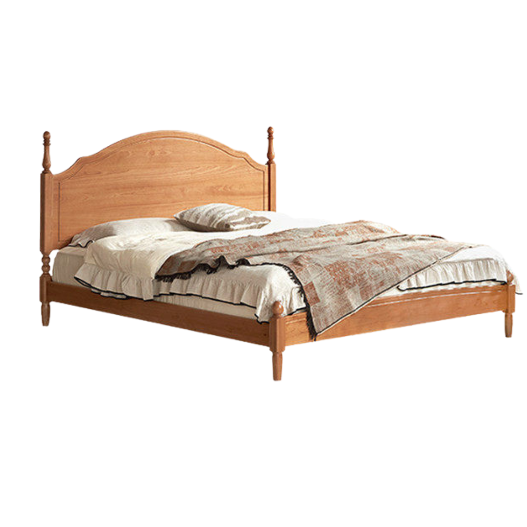Birch Solid Wood Bed — French Retro Style, Large Slab Design, Mid-Range Style