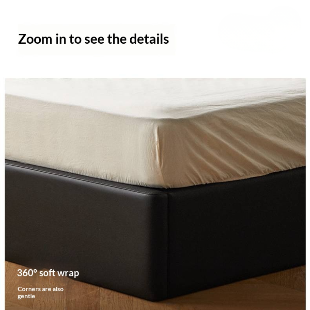 Genuine Leather Retro Box Bed — Black Upholstered, Simple Design