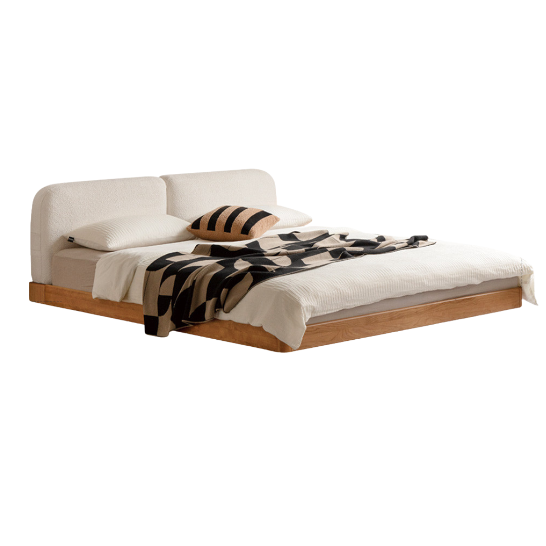 Cherry Solid Wood Upholstered Bed — Platform Bed, Headboard-Free Bed Floor Style, Simple Floating Bed