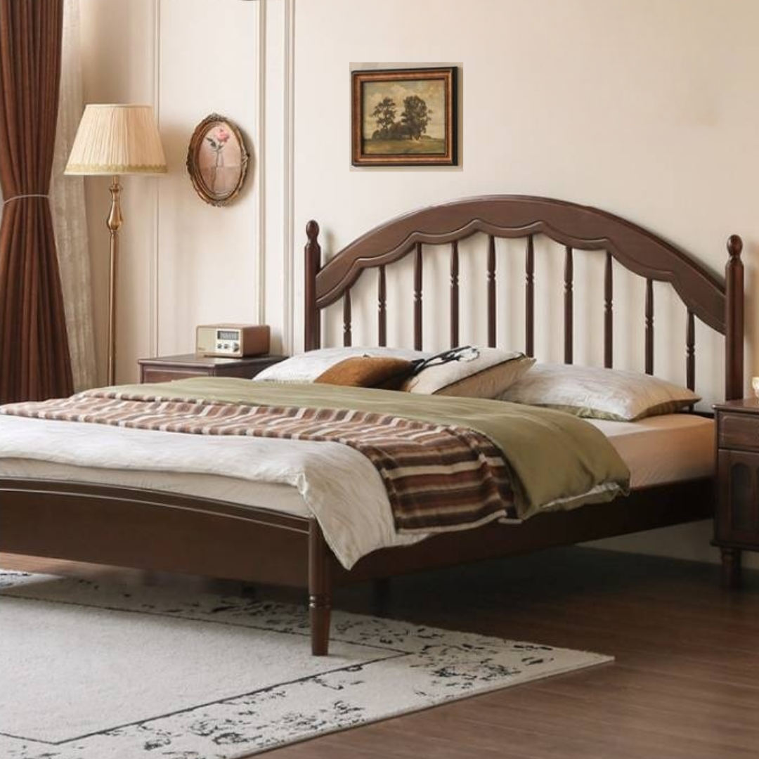 Poplar Solid Wood Bed — American Windsor Style with Retro Vertical Strip Design