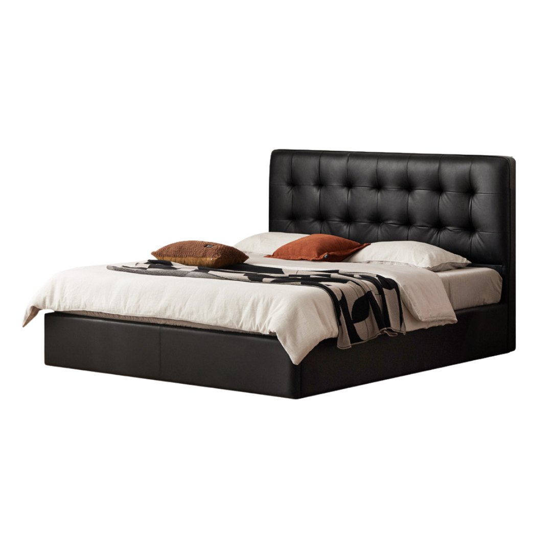 Genuine Leather Retro Box Bed — Black Upholstered, Simple Design