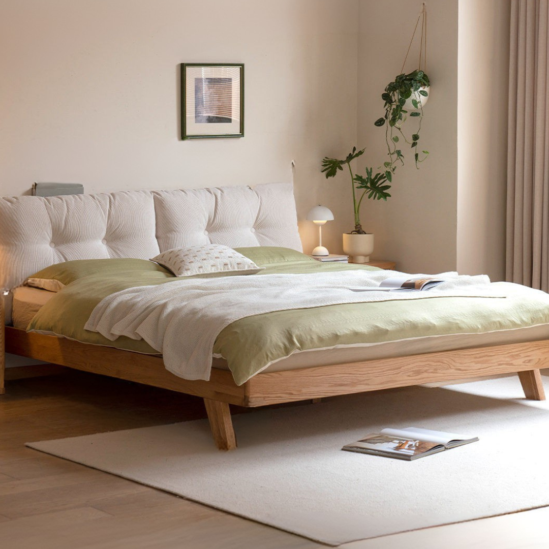 Oak Solid Wood Bed — Modern Minimalist Design with Corduroy Soft Headboard