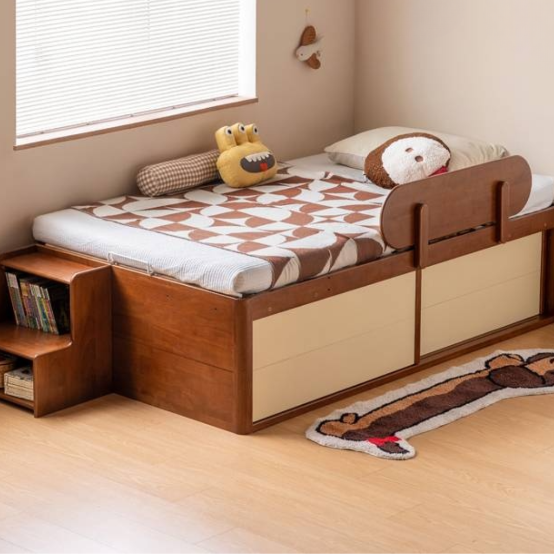 Rubberwood Solid Wood Kids’ Platform Bed and Hidden Storage