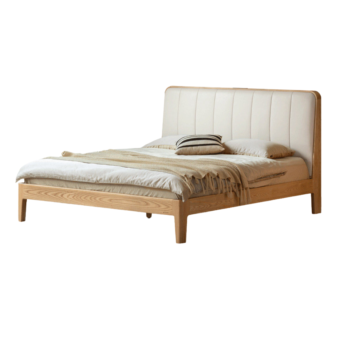 Teak, Black Walnut Solid Wood Bed Leather Soft Bed with Socket