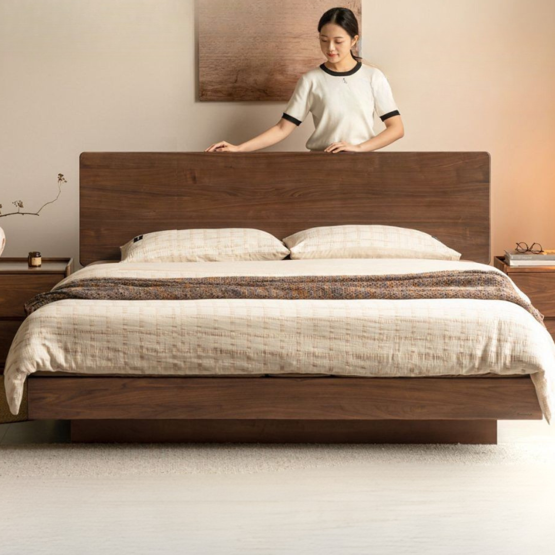 Black Walnut Solid Wood Bed — Italian Light Luxury Suspended Bed