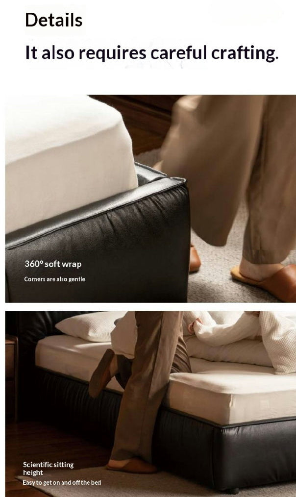 Genuine Leather Upholstered Bed — Black Large Bed, Italian Light Luxury Design