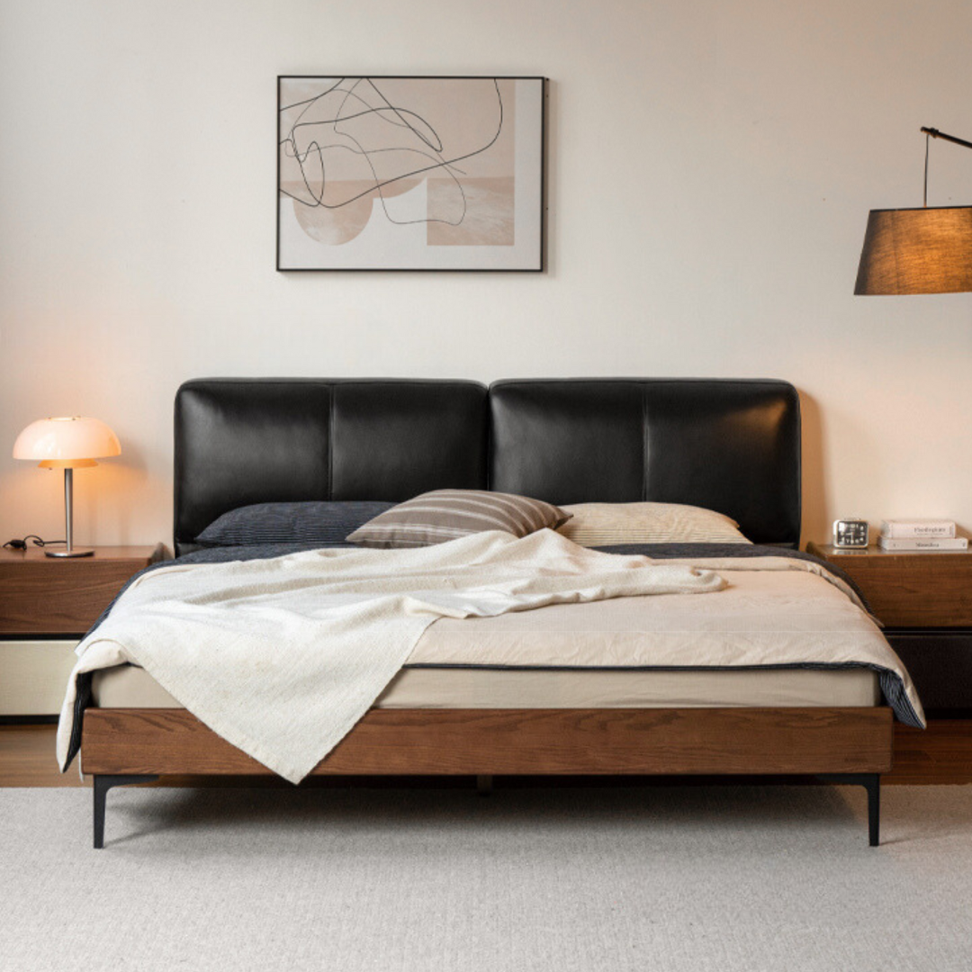 Oak,Black Walnut  Solid Wood Soft Genuine Leather Bed Light Luxury