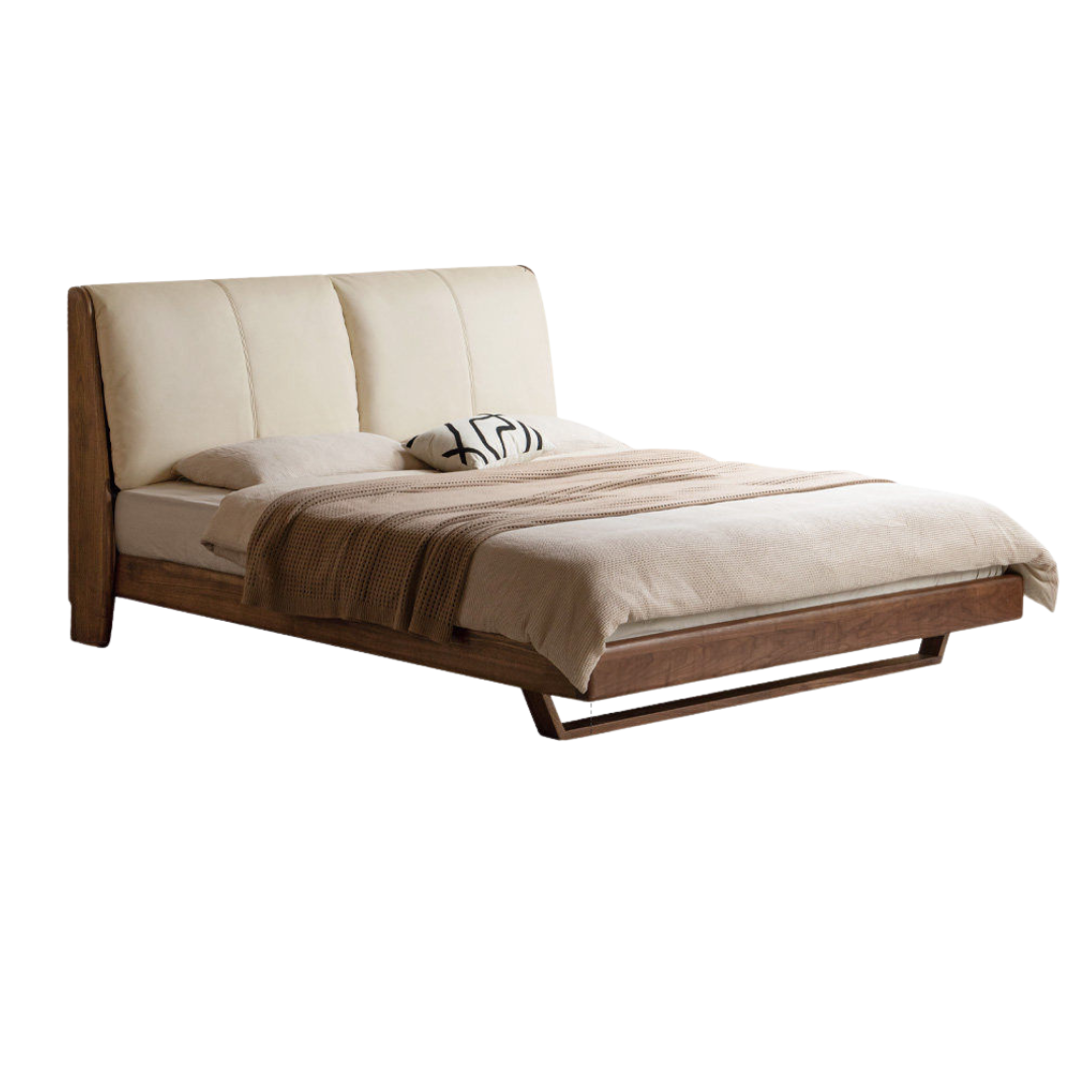 Sandalwood , Black Walnut Solid Wood Genuine Leather Soft Bed Italian Light Luxury