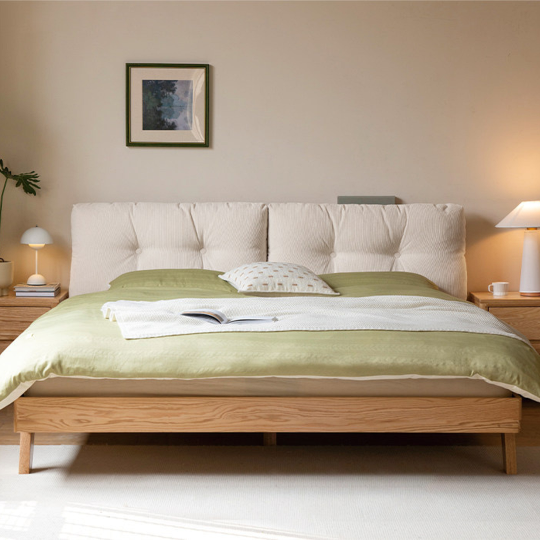Oak Solid Wood Bed — Modern Minimalist Design with Corduroy Soft Headboard