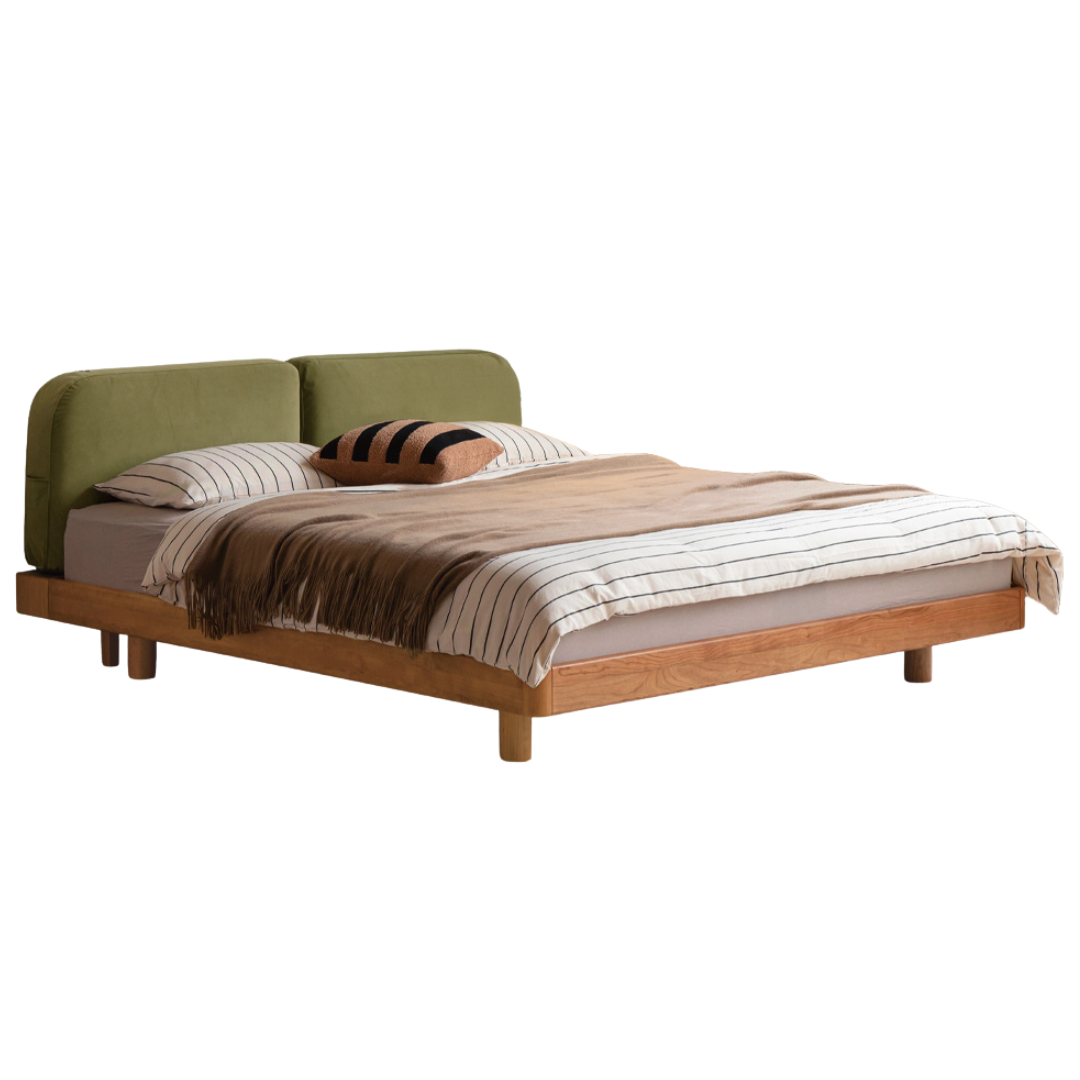 Cherry Solid Wood Upholstered Bed — Platform Bed, Headboard-Free Bed Floor Style, Simple Floating Bed
