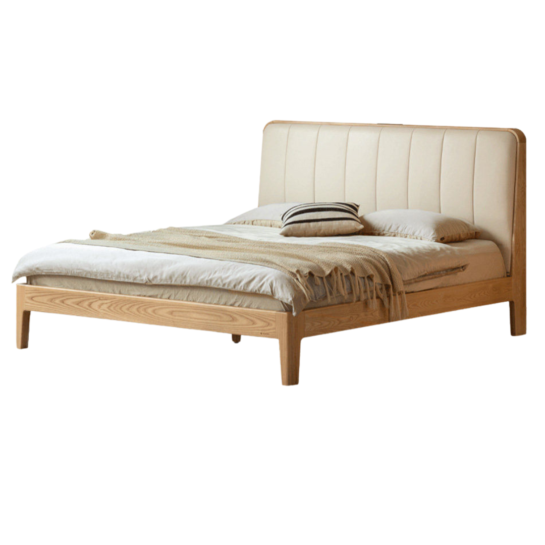 Teak, Black Walnut Solid Wood Bed Leather Soft Bed with Socket