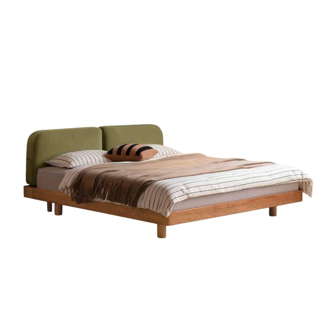 Cherry Solid Wood Upholstered Bed — Platform Bed, Headboard-Free Bed Floor Style, Simple Floating Bed