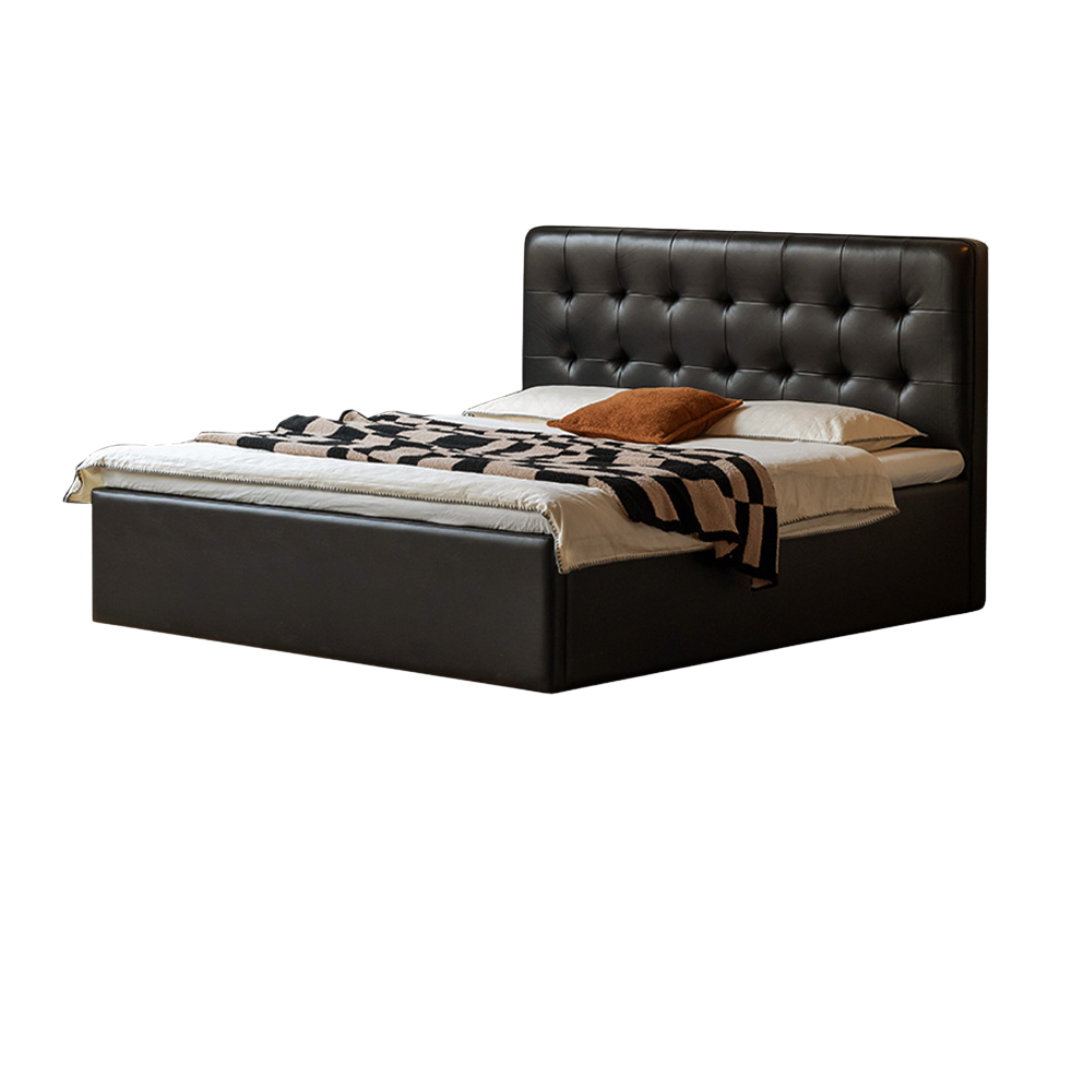 Genuine Leather Retro Box Bed — Black Upholstered, Simple Design