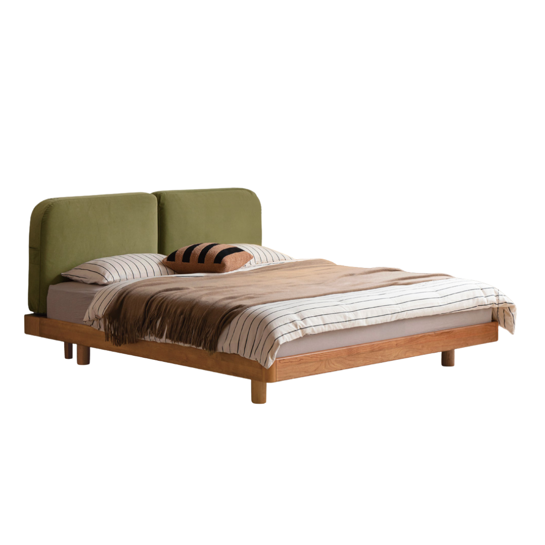 Cherry Solid Wood Upholstered Bed — Platform Bed, Headboard-Free Bed Floor Style, Simple Floating Bed
