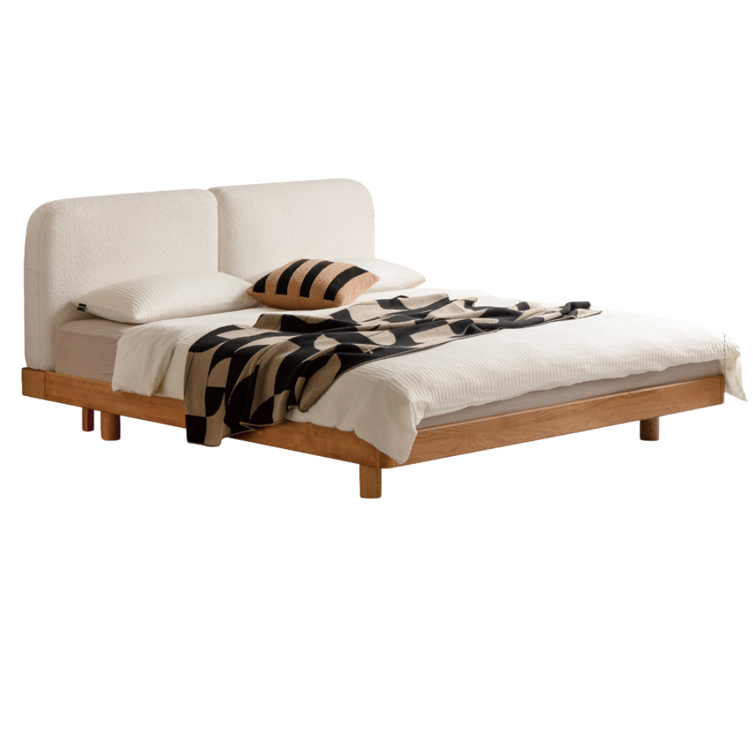 Cherry Solid Wood Upholstered Bed — Platform Bed, Headboard-Free Bed Floor Style, Simple Floating Bed
