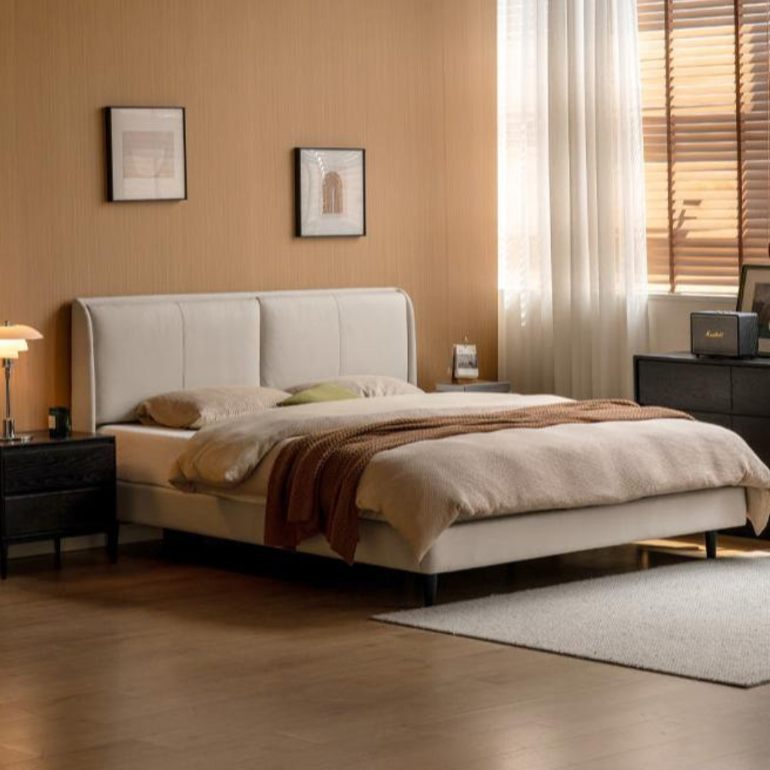 Leather Bed Cream Style First Layer of Yellow Cowhide Bed