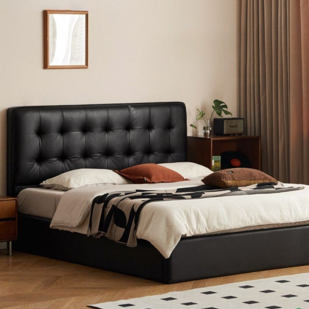 Genuine Leather Retro Box Bed — Black Upholstered, Simple Design