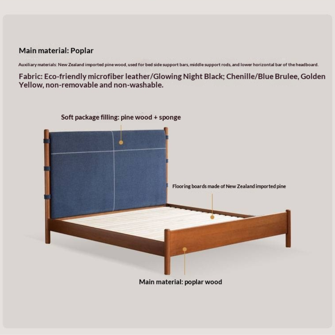 Poplar Solid Wood Bed with Vintage High Backrest and Soft Upholstery