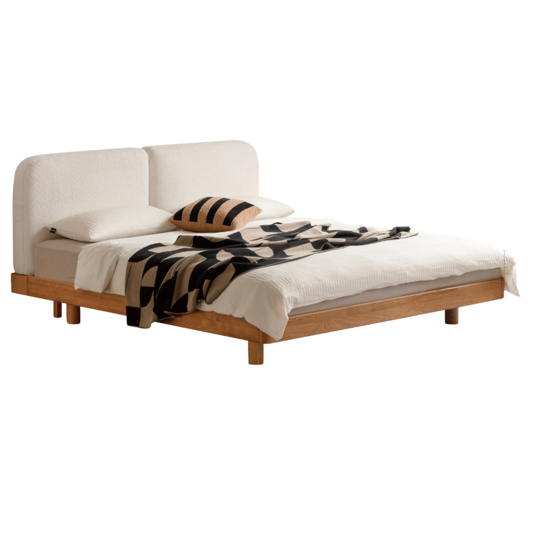 Cherry Solid Wood Upholstered Bed — Platform Bed, Headboard-Free Bed Floor Style, Simple Floating Bed
