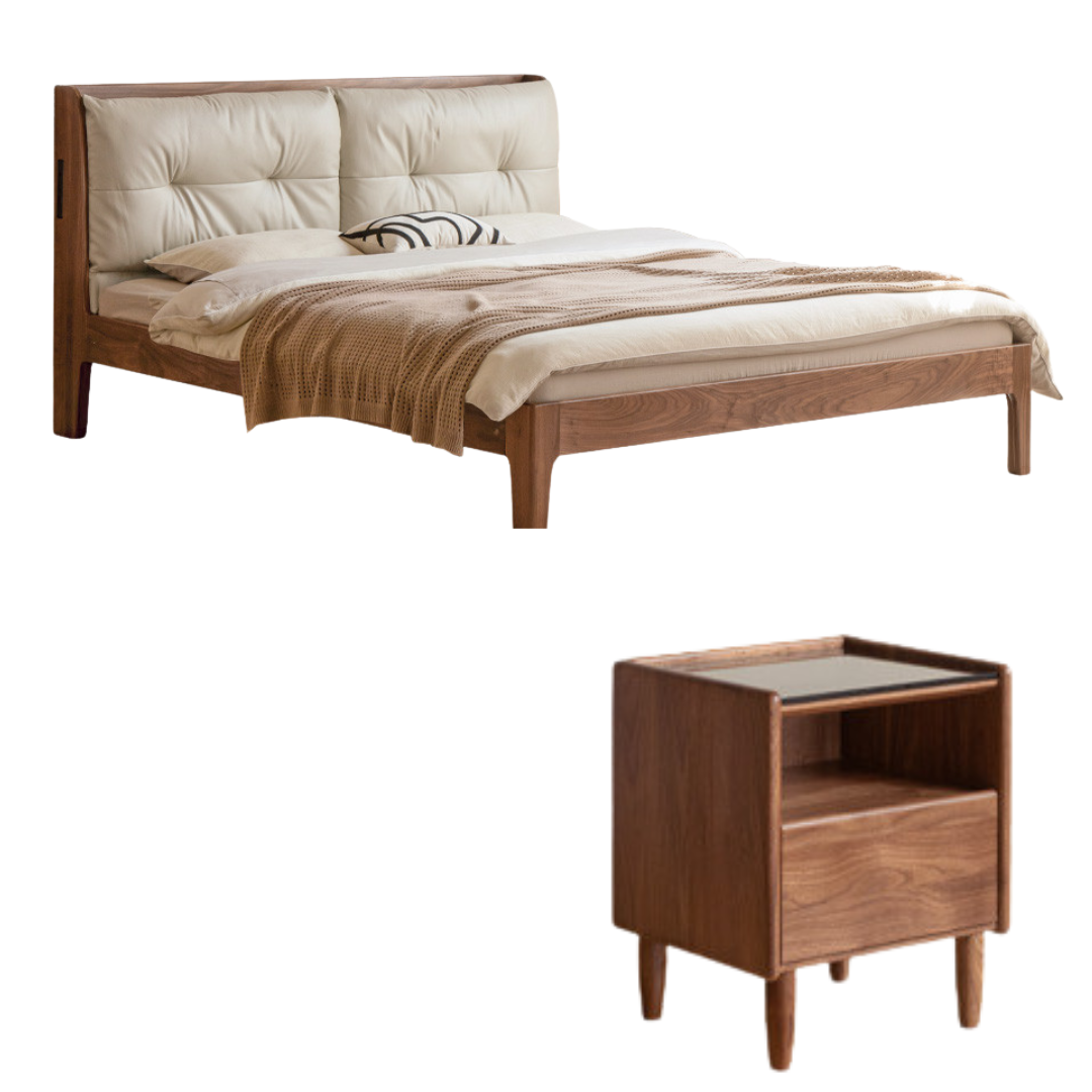 Black Walnut, Sandalwood Solid Wood Bed — Genuine Leather Upholstered, Simple Luxury Design