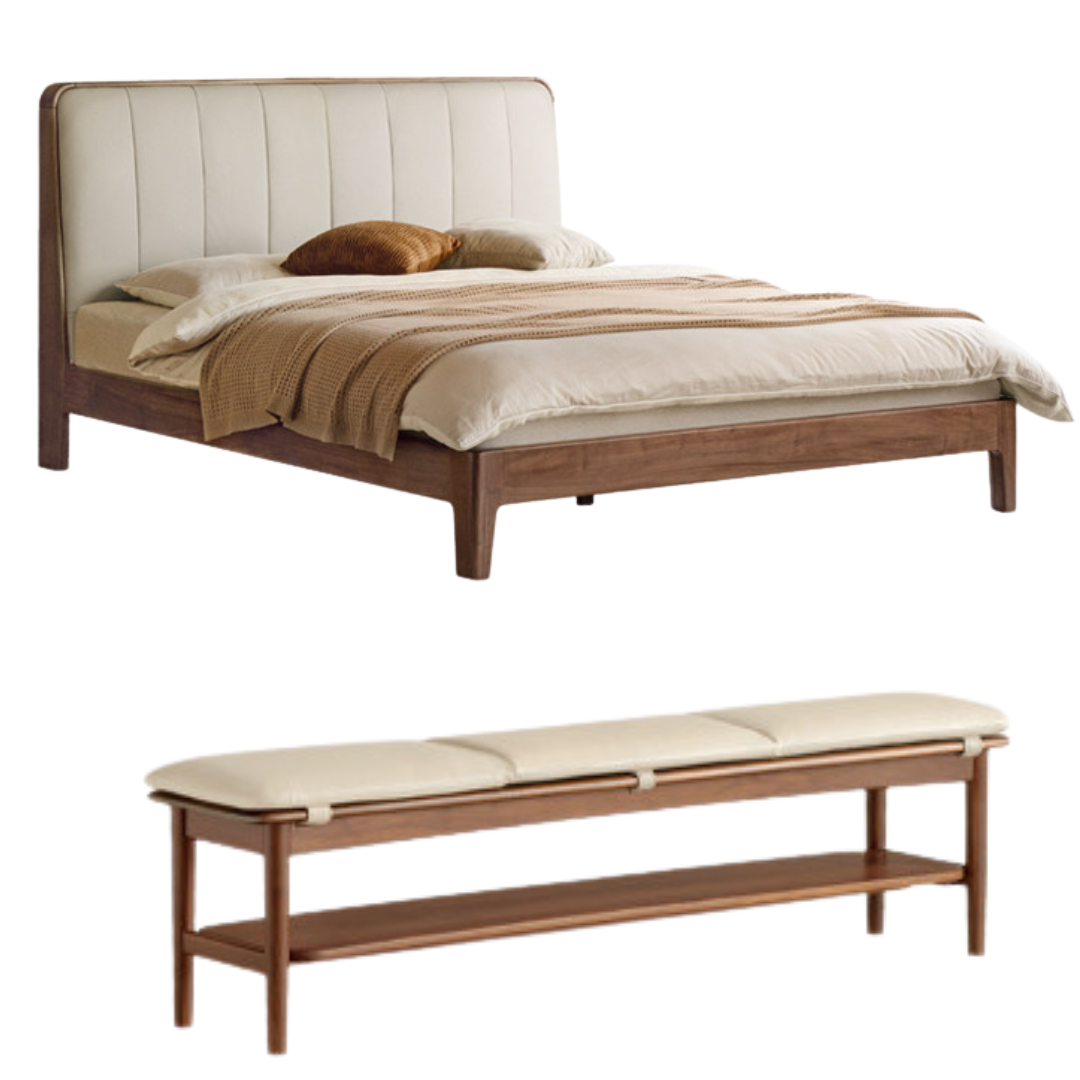 Teak, Black Walnut Solid Wood Bed Leather Soft Bed with Socket