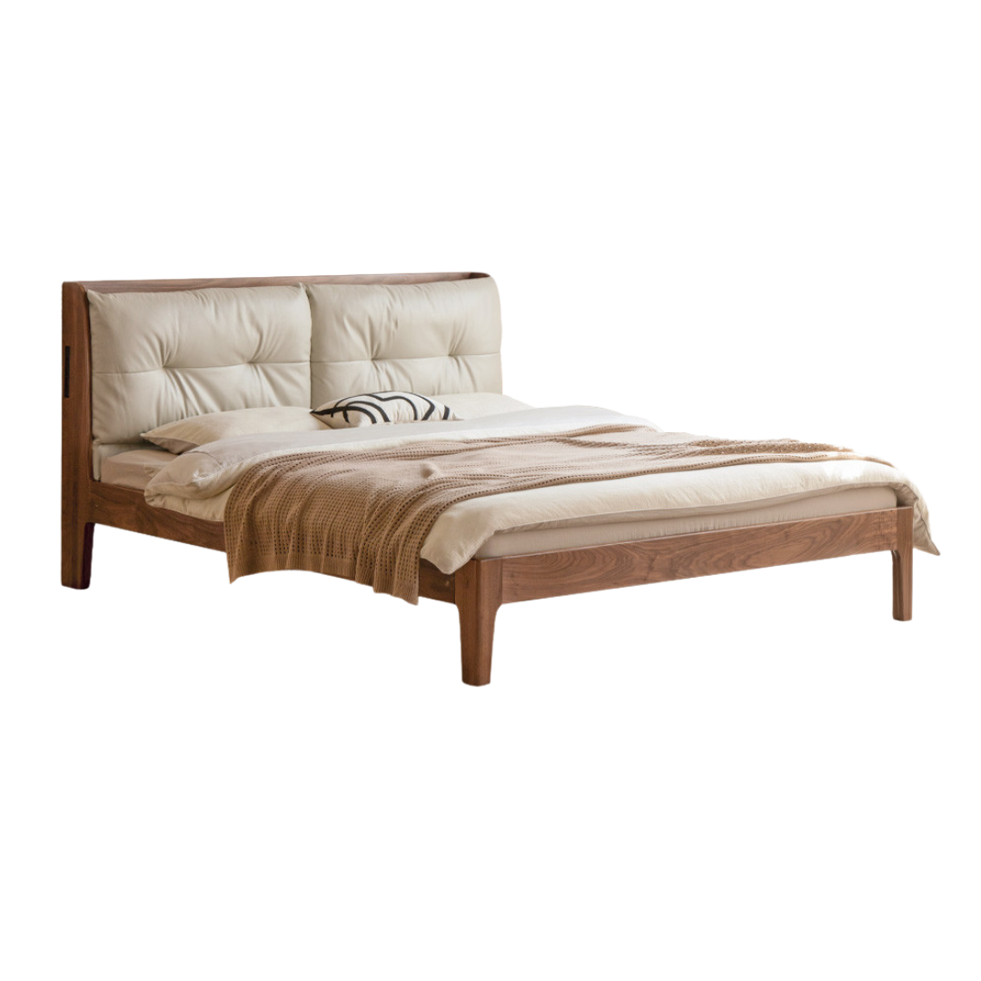 Black Walnut, Sandalwood Solid Wood Bed — Genuine Leather Upholstered, Simple Luxury Design