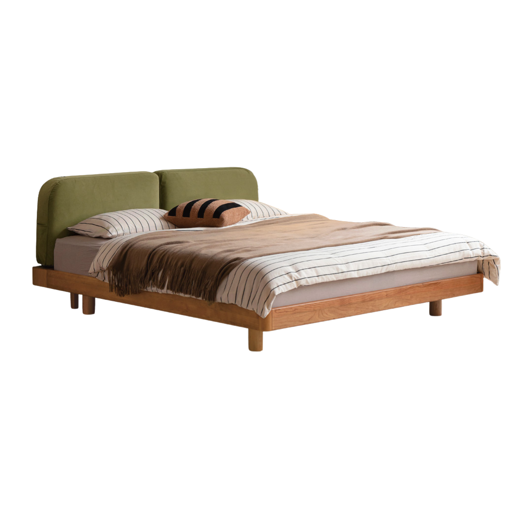 Cherry Solid Wood Upholstered Bed — Platform Bed, Headboard-Free Bed Floor Style, Simple Floating Bed
