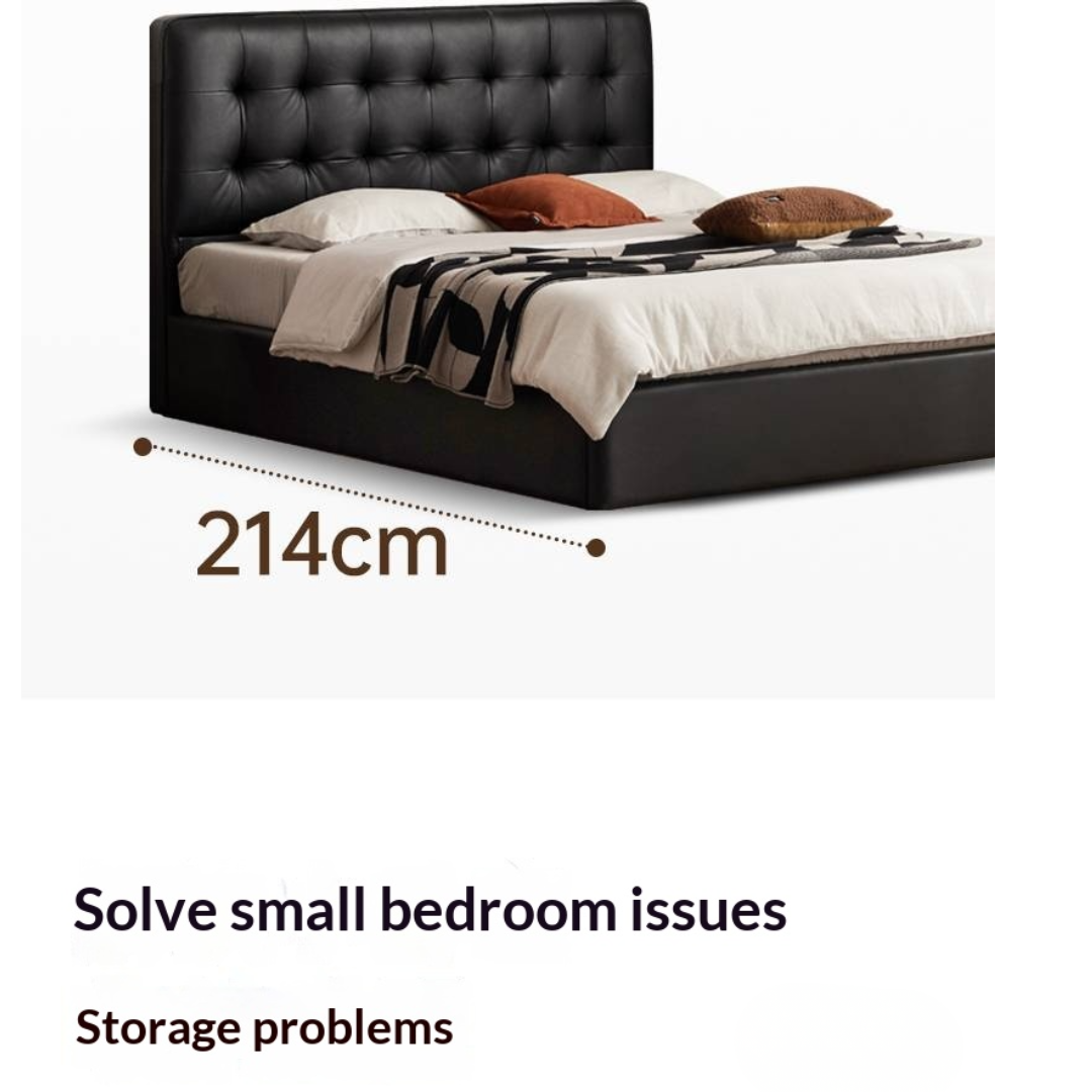 Genuine Leather Retro Box Bed — Black Upholstered, Simple Design