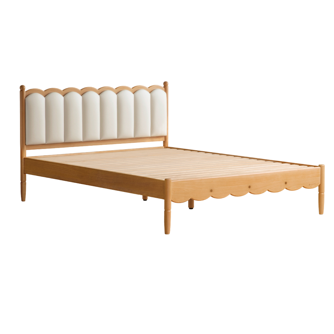 Oak,Beech  solid wood Milky white kids upholstered bed with soft headboard<