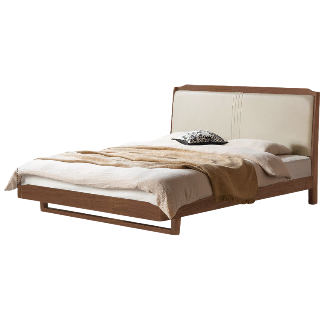 Oak,  Rubberwood Solid Wood Leather Soft Bed
