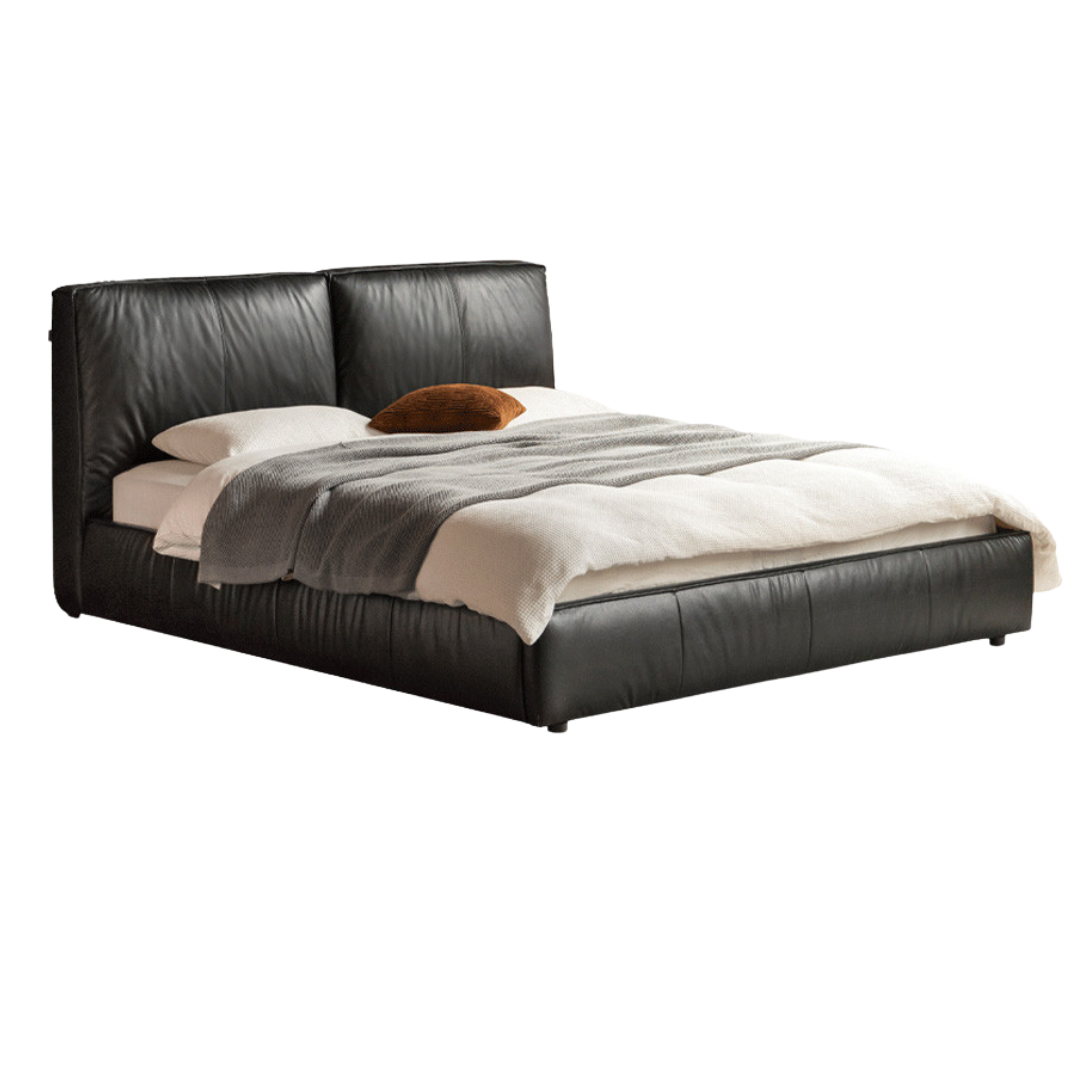 Genuine Leather Upholstered Bed — Black Large Bed, Italian Light Luxury Design