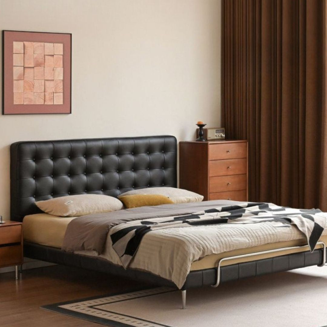 Genuine Leather Bed — Italian Light Luxury, Bauhaus Edge Design, Black Finish