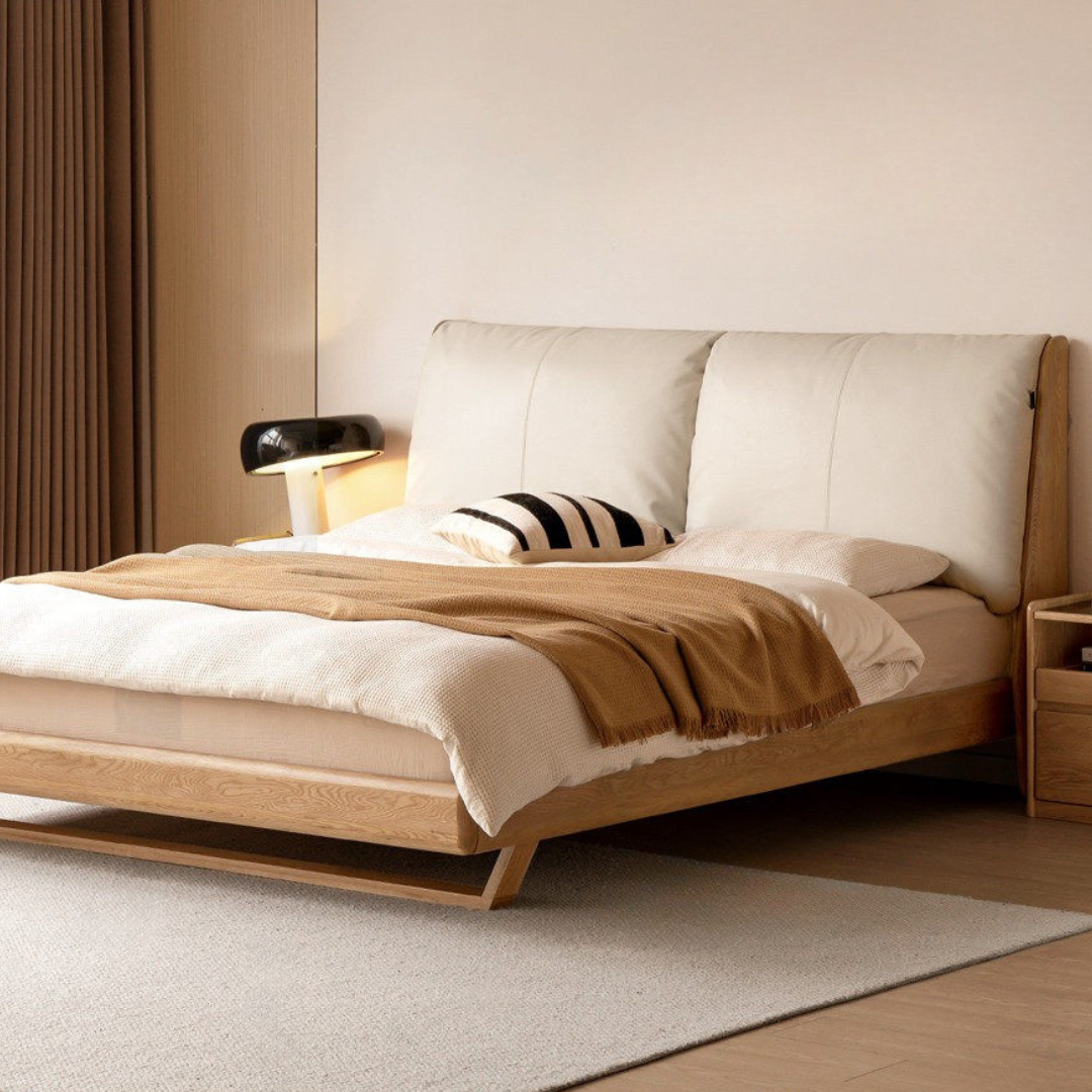 Oak Solid Wood Bed — Modern Minimalist Style with Genuine Leather and Floating Design