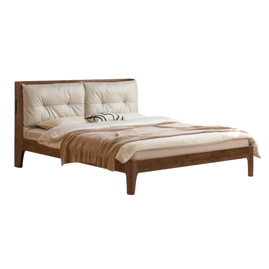 Black Walnut, Sandalwood Solid Wood Bed — Genuine Leather Upholstered, Simple Luxury Design