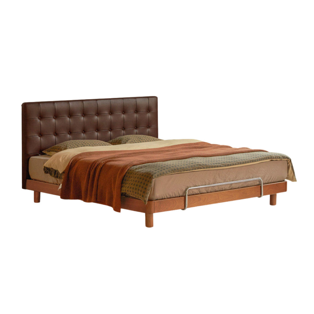 Tulipwood, Birch Solid Wood Bed — Bauhaus Style with Soft Genuine Leather Headboard